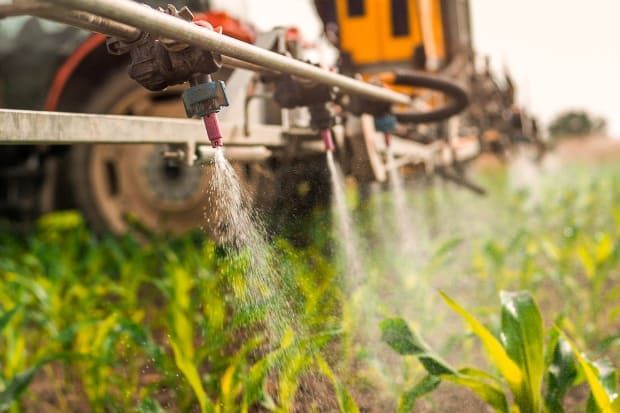 máquina agrícola realizando pulverização na plantação